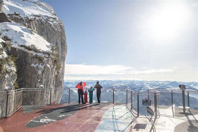 Een groep mensen staat op een uitkijkplatform met besneeuwde bergen op de achtergrond. De zon schijnt en de lucht is helder.