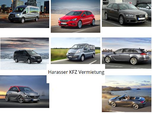 Eine Auswahl verschiedener Autos, darunter Kleinwagen, Vans und Limousinen. Im Mittelpunkt steht die Autovermietung Harasser KFZ.