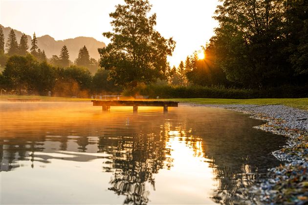 Een rustige meer in het ochtendlicht met een zachte nevellaag. Op de achtergrond zijn bomen en de opkomende zon te zien.
