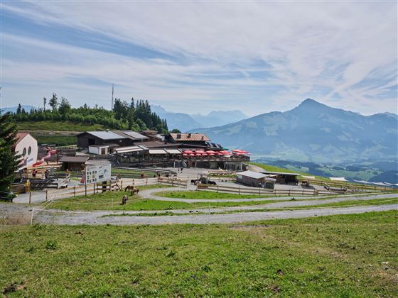 Eine malerische Berglandschaft mit einem Gasthof und roten Sonnenschir men. Die Umgebung ist grün mit sanften Hügeln und Bergen im Hintergrund.