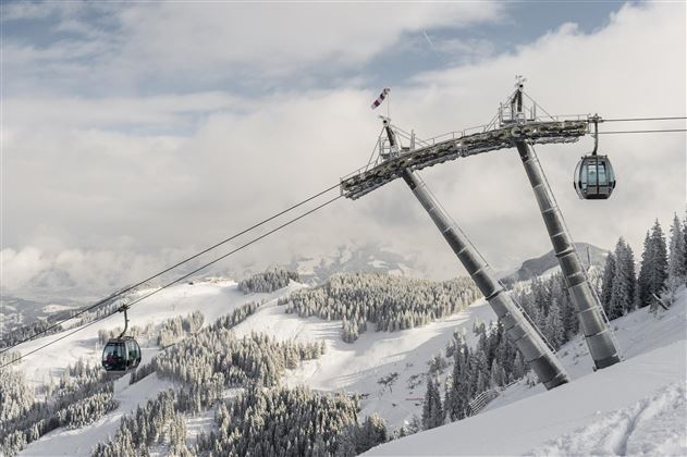Eine Gondelbahn in den verschneiten Bergen. Die Landschaft ist von schneebedeckten Bäumen und einem bewölkten Himmel geprägt.