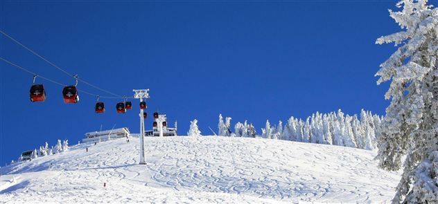 A snow-covered mountain landscape with a ski lift and blue sky. The surroundings are encircled by frosty trees.