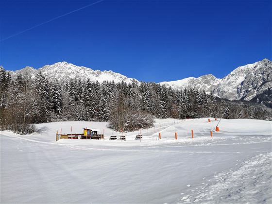 Eine verschneite Landschaft mit hohen Bergen im Hintergrund. Einige Schaufel- und Sitzgelegenheiten sind sichtbar, umgeben von schneebedeckten Bäumen.