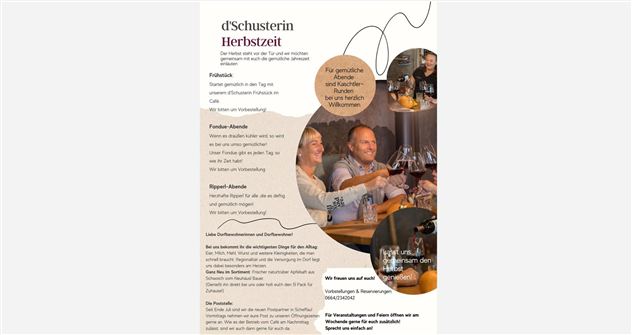 An inviting culinary theme with people toasting at a table. Additionally, information about seasonal offers and events in the autumn time.