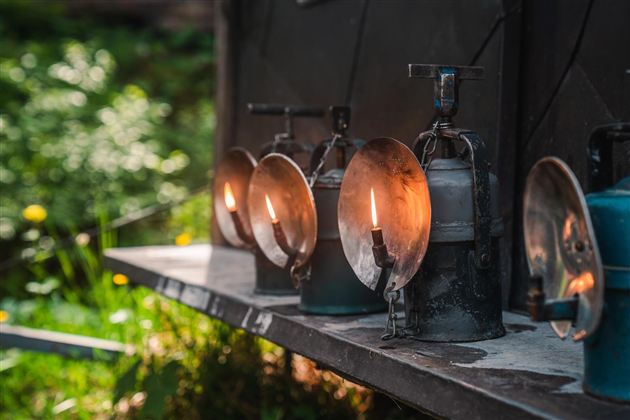 A row of old oil lamps stands on a shelf. In the background, green plants are visible, creating a natural environment.