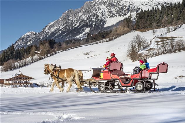 Eine Pferdeschlittenfahrt durch eine winterliche Landschaft mit schneebedeckten Feldern und Bergen im Hintergrund. Zwei Kinder sitzen im Schlitten und genießen die Fahrt.