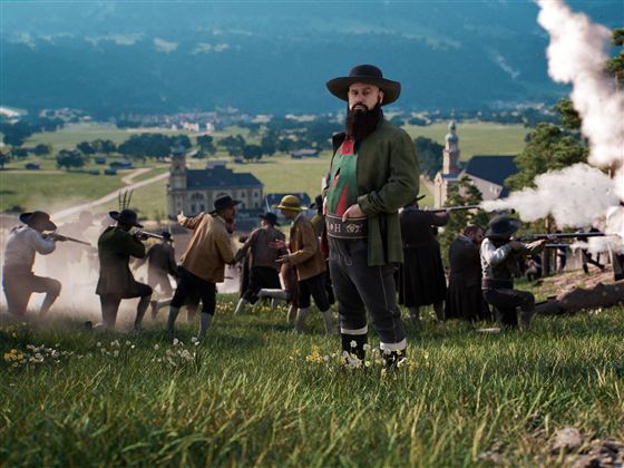 Ein Mann mit Bart und Hut steht im Vordergrund einer Landschaft. Im Hintergrund sind mehrere Personen in historischer Kleidung zu sehen, die eine Art Schießerei haben.