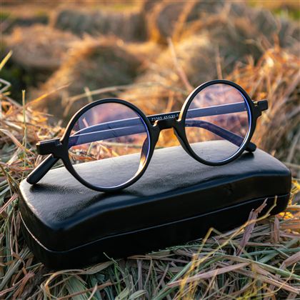 Eine runde Brille mit blauen Gläsern liegt auf einem schwarzen Etui. Im Hintergrund sind trockene Gräser sichtbar.
