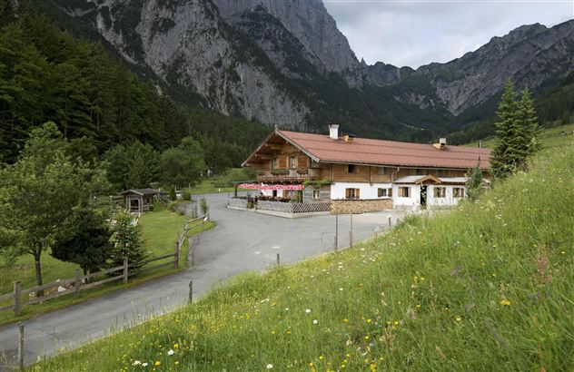 Eine gemütliche Berghütte in malerischer Landschaft. Im Hintergrund sind hohe Berge und viel Grün zu sehen.