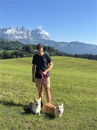 A man is standing on a meadow holding two Corgis on leashes. In the background, mountains and a blue sky can be seen.