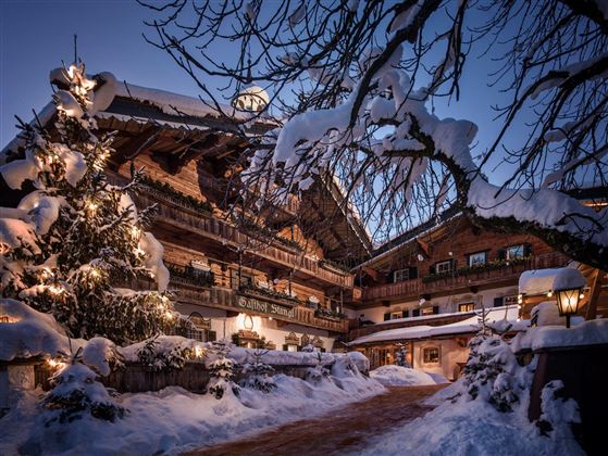 Ein wunderschönes Chalet, umgeben von schneebedeckten Bäumen und einem festlich geschmückten Weihnachtsbaum. Die Szene strahlt eine gemütliche Winteratmosphäre aus.