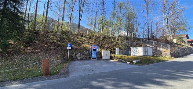 Een parkeerplaats aan een straat, omringd door bomen. Op de achtergrond zijn enkele gebouwen en een heldere blauwe lucht te zien.