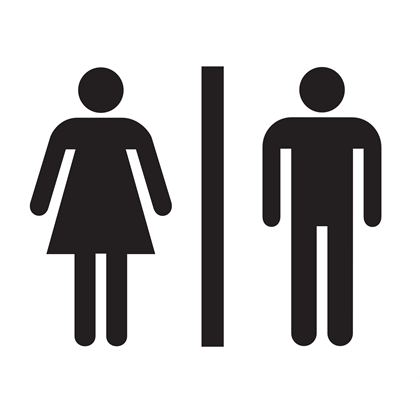 Ein Symbol für Toiletten. Links eine weibliche Figur und rechts eine männliche Figur, getrennt durch eine Linie.