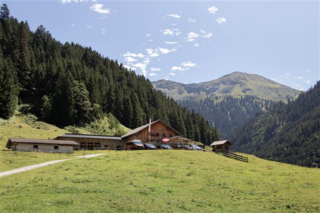 Eine malerische Berghütte umgeben von grünen Wiesen und hohen Bäumen. Im Hintergrund sind majestätische Berge und ein klarer blauer Himmel zu sehen.