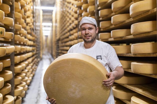 Een kaasproducent staat in een magazijn vol kaaswielen. Hij houdt een grote ronde kaas in zijn handen.