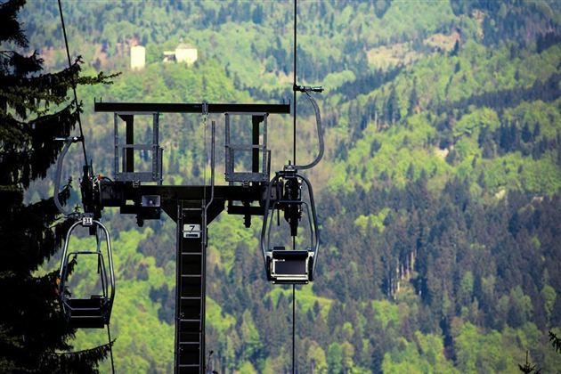 Een kabelbaan met telkens twee stoelen zweeft boven een groene berglandschap. Op de achtergrond zijn bossen en enkele bergen zichtbaar.