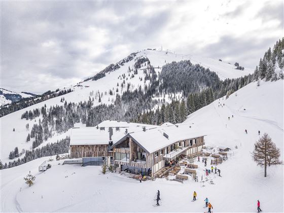 Een besneeuwd berglandschap met een chalet en skiërs. Op de achtergrond zijn hoge dennenbomen en een bewolkte lucht te zien.