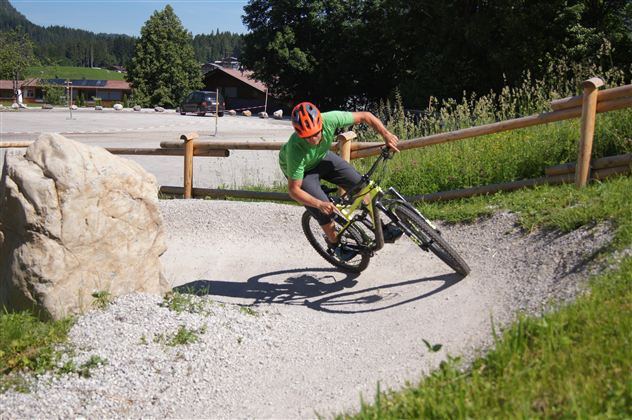 Ein Radfahrer fährt schnell auf einer kurvigen Strecke. Die Umgebung ist grün, mit einem Felsen und Bäumen im Hintergrund.
