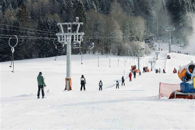Sněhová lyžařská krajina s lyžaři a sedačkovou lanovkou. V pozadí jsou vidět stromy a lyžařské vybavení.