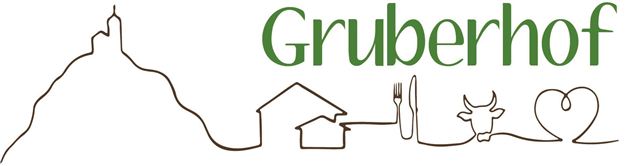 Een minimalistisch logo voor "Gruberhof" met een gestileerd berglandschap, een huis en agrarische symbolen. De kleuren zijn groen en bruin, wat de natuur en het thuis symboliseert.