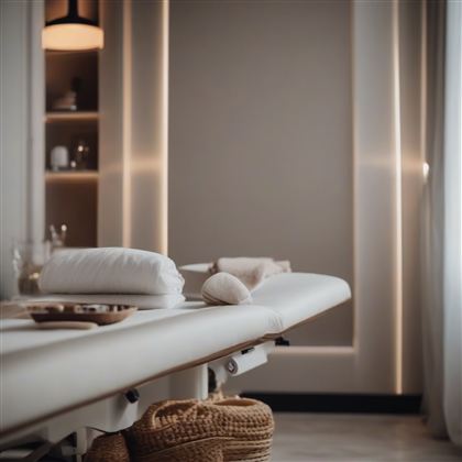 A cozy massage chair in a stylish room. Soft lighting and minimalist decoration create a relaxing atmosphere.