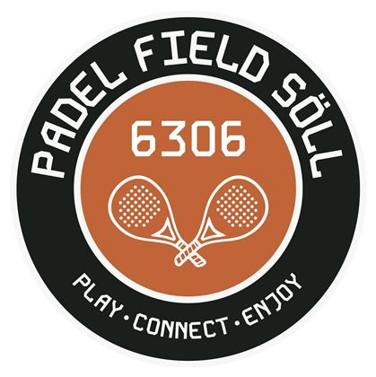 A round sticker with the inscription "Padel Field Soell". Two padel rackets and the words "Play, Connect, Enjoy" are also depicted.