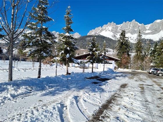 Een besneeuwd landschap met hoge bomen en een chalet. Op de achtergrond rijzen majestueuze bergen op onder een heldere blauwe lucht.