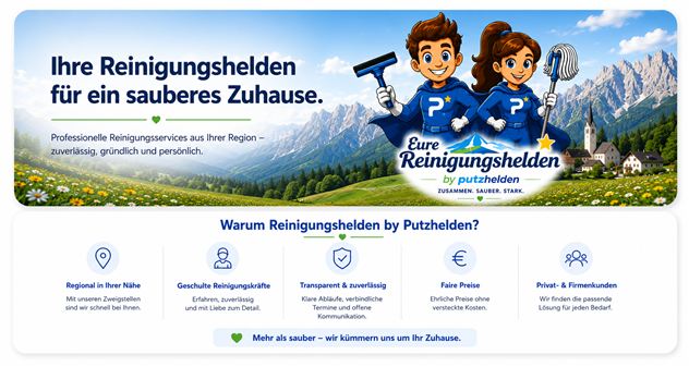 Ein Poster für eine Reinigungsagentur mit zwei freundlichen Charakteren, die Putzutensilien halten. Im Hintergrund sind Berge und eine grüne Wiese zu sehen.