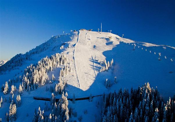 A snow-covered mountain landscape under a clear blue sky. The ski slope stretches across the hillside, surrounded by snow-laden trees.