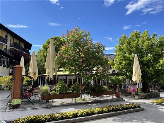 An inviting restaurant with umbrella tables and lush greenery. The blue sky creates a friendly atmosphere.