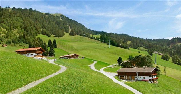 A green landscape with gentle hills and some traditional wooden houses. In the background, forests can be seen and the sky is clear and blue.