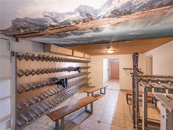 Een ruimte met een bergmotief op het plafond en ruime banken. Aan de wanden zijn metalen rekken voor de opslag van equipment.