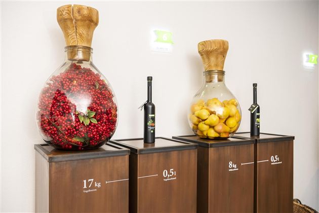 Drie grote glazen karaffen staan op houten sokkels. De karaffen bevatten rode en gele vruchten, evenals flessen met vloeistoffen.