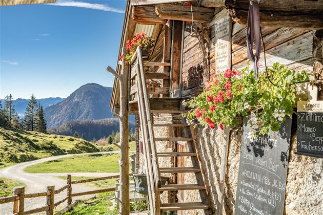 A picturesque mountain cabin with blooming flowers and a wooden staircase. In the background, green meadows and mountains can be seen under a clear blue sky.