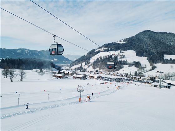 Zasněžená krajina se sjezdovkami a horami v pozadí. Scéna také zobrazuje malou lyžařskou stanici a lyžaře na sjezdovce.
