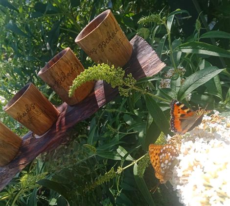 Three wooden cups stand on a wooden board among green plants. A butterfly flies past a blooming plant.
