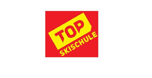 Een rood-geel logo met de tekst "TOP SKISCHULE". Het straalt de boodschap uit van een hoogkwalitatieve skischool.