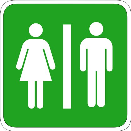 Ein Schild für Toiletten mit symbolischen Darstellungen für Frauen und Männer. Es hat einen grünen Hintergrund und zeigt die Geschlechter klar getrennt.