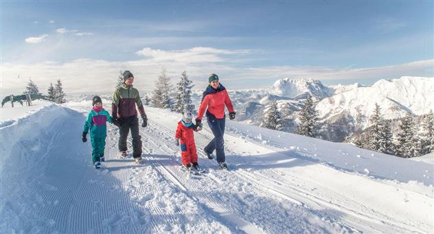 Een gezin wandelt in de sneeuw en geniet van het winterse landschap. Op de achtergrond zijn besneeuwde bergen en een blauwe lucht te zien.