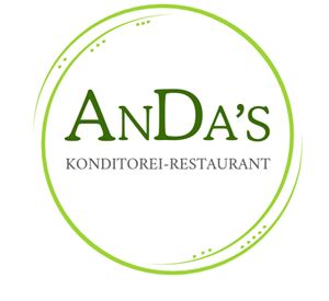 Ein elegantes Logo für ein Konditorei-Restaurant namens "Anda's". Es hat eine grüne Umrandung und zeigt den Namen in stilvoller Schrift.