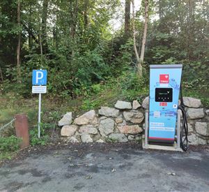 Een oplaadpunt voor elektrische auto's in een bosrijke omgeving. Naast het station staat een parkeerbord.