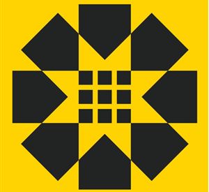 Een grafisch ontwerp met geometrische vormen in zwart op een gele achtergrond. De opstelling doet denken aan een gestileerde bloem of een mandala.