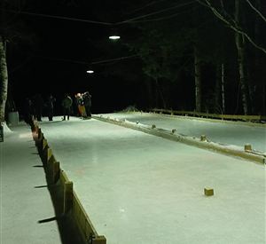 An illuminated ice rink at night, surrounded by trees. People are enjoying ice skating in a wintry atmosphere.