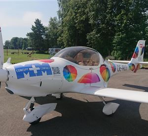 Een kleurrijk versierd vliegtuig staat op een parkeerplaats. Op de achtergrond zijn bomen en een groen veld te zien.