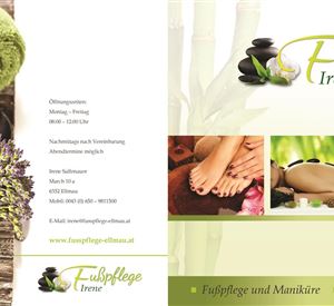 Een ontspannen voetverzorgingsbrochure met natuurlijke elementen zoals handdoeken, lavendel en stenen. De ontwerpen stralen een gevoel van wellness en ontspanning uit.