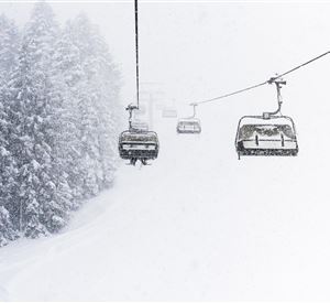 Een met sneeuw bedekt landschap met een skigebied in het midden. De bomen op de achtergrond zijn omgeven door sneeuw en het zicht is beperkt.