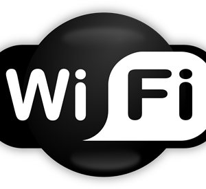 A WiFi symbol on a black background. It displays the letters "WiFi" in a modern font.