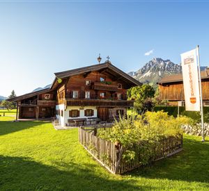 Ein traditionelles alpenländisches Holzhaus mit einem liebevoll gestalteten Garten. Im Hintergrund sind majestätische Berge und ein klarer blauer Himmel zu sehen.