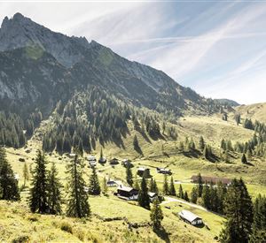 Een schilderachtig berglandschap met groene weilanden en dichte bossen. Op de voorgrond zijn kleine hutten te zien, omringd door majestueuze bergen.