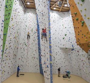 Eine Kletterhalle mit verschiedenen Kletterwänden und mehreren Kletterern. Die Wände sind bunt und die Umgebung ist gut beleuchtet.